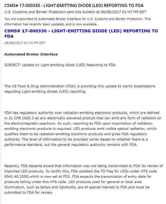 CSMS# 17-000330 - LIGHT-EMITTINGDIODE (LED) REPORTING TO FDA